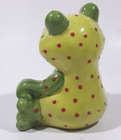 Green and Lime Green Red Speckled Frog with Red and Blue Eyes 4 1/2" Tall Ceramic Figurine