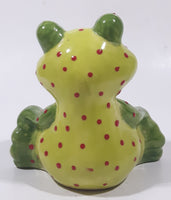 Green and Lime Green Red Speckled Frog with Red and Blue Eyes 4 1/2" Tall Ceramic Figurine