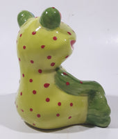 Green and Lime Green Red Speckled Frog with Red and Blue Eyes 4 1/2" Tall Ceramic Figurine