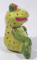 Green and Lime Green Red Speckled Frog with Red and Blue Eyes 4 1/2" Tall Ceramic Figurine