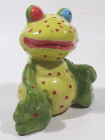 Green and Lime Green Red Speckled Frog with Red and Blue Eyes 4 1/2" Tall Ceramic Figurine