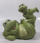 Vintage Green Frog Laying On Back Balancing Baby Frog on Foot 6" Long Ceramic Figurine Coin Bank