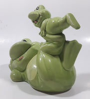 Vintage Green Frog Laying On Back Balancing Baby Frog on Foot 6" Long Ceramic Figurine Coin Bank