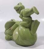 Vintage Green Frog Laying On Back Balancing Baby Frog on Foot 6" Long Ceramic Figurine Coin Bank