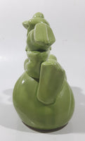 Vintage Green Frog Laying On Back Balancing Baby Frog on Foot 6" Long Ceramic Figurine Coin Bank