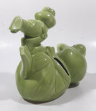 Vintage Green Frog Laying On Back Balancing Baby Frog on Foot 6" Long Ceramic Figurine Coin Bank