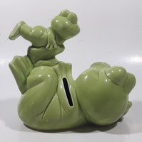Vintage Green Frog Laying On Back Balancing Baby Frog on Foot 6" Long Ceramic Figurine Coin Bank