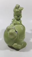 Vintage Green Frog Laying On Back Balancing Baby Frog on Foot 6" Long Ceramic Figurine Coin Bank