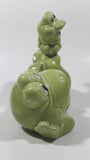 Vintage Green Frog Laying On Back Balancing Baby Frog on Foot 6" Long Ceramic Figurine Coin Bank