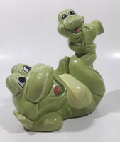 Vintage Green Frog Laying On Back Balancing Baby Frog on Foot 6" Long Ceramic Figurine Coin Bank