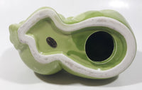 Vintage Green Frog Laying On Back Balancing Baby Frog on Foot 6" Long Ceramic Figurine Coin Bank
