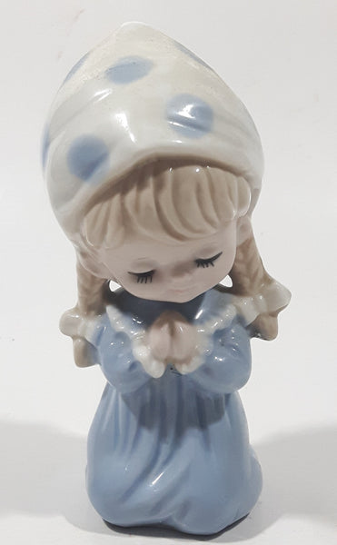Vintage 1970s Enesco Bedtime Prayers Light Blue and White Praying Girl in Bonnet 5" Tall Porcelain Figurine Made in Japan