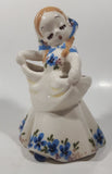 Vintage 1940s Delee Nina Art Pottery Girl In White Dress with Blue Flower 7" Tall Ceramic Makeup Brush Holder Figurine