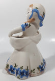 Vintage 1940s Delee Nina Art Pottery Girl In White Dress with Blue Flower 7" Tall Ceramic Makeup Brush Holder Figurine