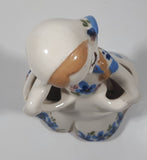 Vintage 1940s Delee Nina Art Pottery Girl In White Dress with Blue Flower 7" Tall Ceramic Makeup Brush Holder Figurine