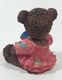 Dark Brown Teddy Bear Sitting In Pink Dress Holding Snake Formed As The Letter G 3 1/2" Tall Resin Figurine