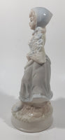 Vintage Sabre Fine Gifts Light Blue and Cream Woman in Bonnet Holding Flowers 8" Tall Ceramic Figurine