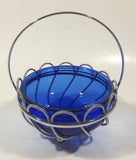 Vintage Cobalt Blue Glass Bowl in Silver Tone Metal Basket
