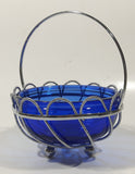 Vintage Cobalt Blue Glass Bowl in Silver Tone Metal Basket