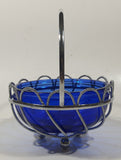 Vintage Cobalt Blue Glass Bowl in Silver Tone Metal Basket