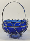 Vintage Cobalt Blue Glass Bowl in Silver Tone Metal Basket