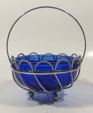 Vintage Cobalt Blue Glass Bowl in Silver Tone Metal Basket