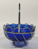 Vintage Cobalt Blue Glass Bowl in Silver Tone Metal Basket