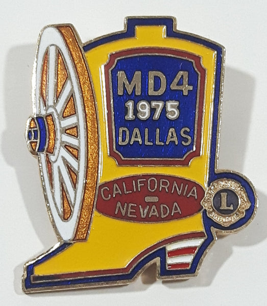 Vintage 1975 Lions Club MD4 Dallas California Nevada Wagon Wheel and Cowboy Boot Shaped 1 1/8" x 1 3/8" Enamel Metal Lapel Pin