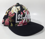 Flag & Symbol Pink Tropical Flower Themed Embroidered Los Angeles Black Snap Back Adjustable Size Baseball Cap Hat