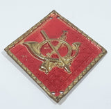 Vintage Spanish Army Infantry French Horn Bugle Sword and Musket Rifle Gun Red Diamond Shape 1 3/8" x 1 7/8" Gold Tone Metal Badge Insignia