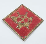 Vintage Spanish Army Infantry French Horn Bugle Sword and Musket Rifle Gun Red Diamond Shape 1 3/8" x 1 7/8" Gold Tone Metal Badge Insignia