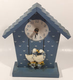 White Goose Birds with Blue Bows Flower Themed Blue House Building Shaped Wood Mantle Clock 9 1/4" Tall
