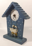White Goose Birds with Blue Bows Flower Themed Blue House Building Shaped Wood Mantle Clock 9 1/4" Tall