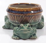Vintage Three Green Frog 4 1/2" Wide Glazed Brown Pottery Bowl Planter