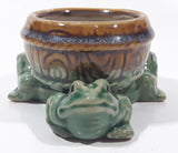 Vintage Three Green Frog 4 1/2" Wide Glazed Brown Pottery Bowl Planter