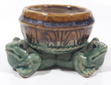 Vintage Three Green Frog 4 1/2" Wide Glazed Brown Pottery Bowl Planter