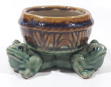 Vintage Three Green Frog 4 1/2" Wide Glazed Brown Pottery Bowl Planter
