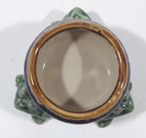 Vintage Three Green Frog 4 1/2" Wide Glazed Brown Pottery Bowl Planter