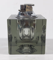 Vintage Cube Shaped Indented Sides Tinted Glass Table Top Gas Lighter 3 1/2" Tall Made in Japan