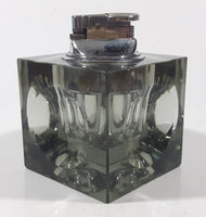 Vintage Cube Shaped Indented Sides Tinted Glass Table Top Gas Lighter 3 1/2" Tall Made in Japan