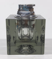 Vintage Cube Shaped Indented Sides Tinted Glass Table Top Gas Lighter 3 1/2" Tall Made in Japan