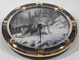 1991 Terry McLean Wolf Themed Painting 11 1/2" Round Faux Wood and Plastic Brass Wall Clock