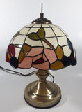 Vintage Plastic Stained Glass Hand Painted Flower Themed 14" Tall Table Lamp Light