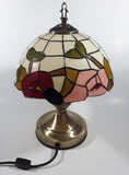 Vintage Plastic Stained Glass Hand Painted Flower Themed 14" Tall Table Lamp Light