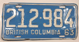 1963 Beautiful British Columbia Light Blue with White Letters Vehicle License Plate 212 984