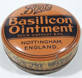 Antique Boots Pure Drug Co. Ltd Basilicon Oinment Resin Ointment B.P.C. 2 3/8" Wide Orange Tin Metal Canister Nottingham England