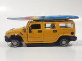Maisto Hummer H2 SUV Yellow 1/46 Scale Pull Back Die Cast Toy Car Vehicle with Wood San Diego Surfboard On Roof No Tires