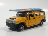 Maisto Hummer H2 SUV Yellow 1/46 Scale Pull Back Die Cast Toy Car Vehicle with Wood San Diego Surfboard On Roof No Tires