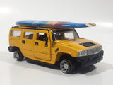 Maisto Hummer H2 SUV Yellow 1/46 Scale Pull Back Die Cast Toy Car Vehicle with Wood San Diego Surfboard On Roof No Tires