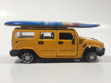 Maisto Hummer H2 SUV Yellow 1/46 Scale Pull Back Die Cast Toy Car Vehicle with Wood San Diego Surfboard On Roof No Tires